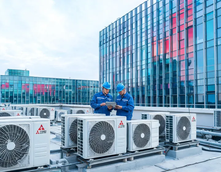 Mitsubishi Electric ductless heat pump outdoor unit on a commercial rooftop