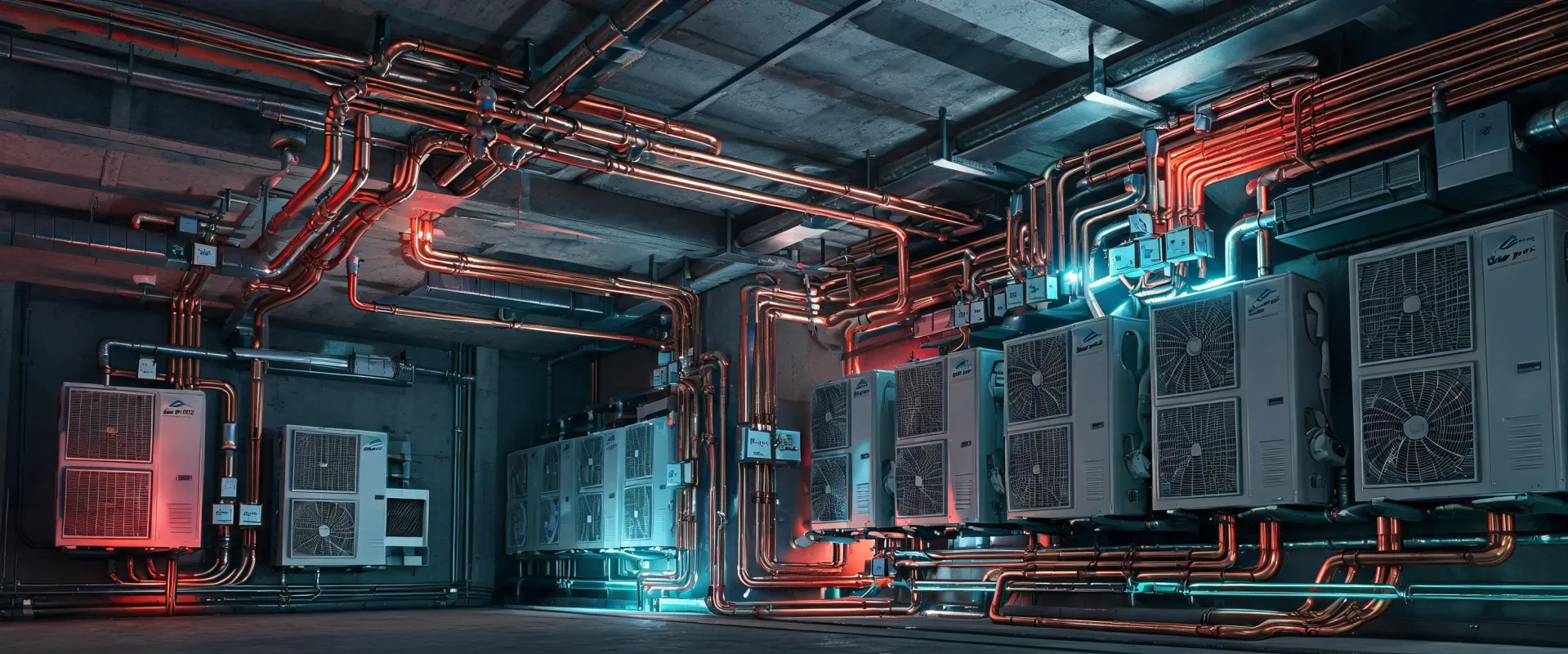 Modern building mechanical room with VRF branch controllers